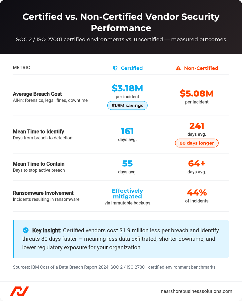 Comparison table showing certified vendors average $3.18M breach cost vs $5.08M for non-certified, and detect breaches 80 days faster